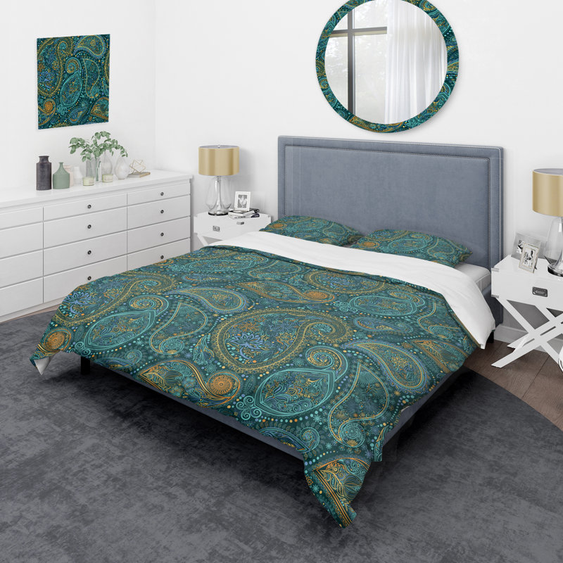 Ensemble de housse de couette - Microfibre à motif cachemire floral vert, Housse de couette pour grand lit et 2 taies décor