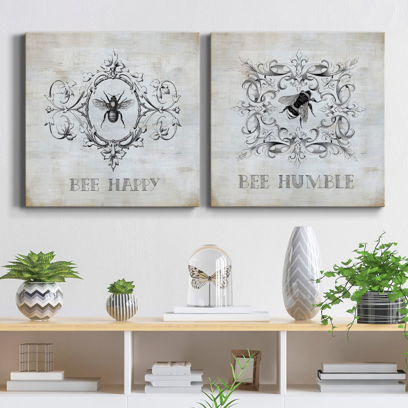 «Bee Happy», ensemble de 2 reproductions sur toiles tendues, H 10 po x l 10 po x P 1,25 po