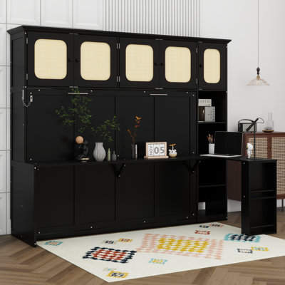 Murphy Bed with Desk, Rattan Cabinet, Murphy Wall Bed with Storage Shelves for Guest Room Home Office