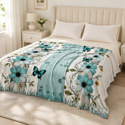 Plaid en flanelle à motif floral papillon, fleurs bleues, rayures verticales, ultra doux, léger, respirant, toutes saisons, agréable au toucher, lavable à la machine, décoratif, pour canapé, fauteuil, salon et chambre