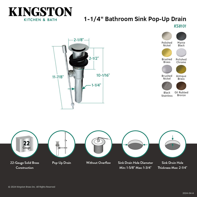 Drain escamotable pour lavabo de salle de bain Kingston, sans trop-plein, calibre 22 Kingston, Nickel brossé
