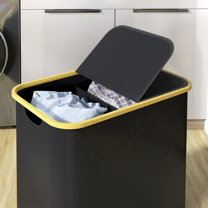 HOMCOM Double Laundry Basket with Lid 80L Collapsible Groove Handles Black