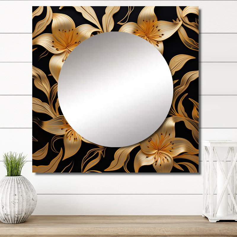 Golden Lily Flower Glam On Black VII - Lily Square Mirror Wall Decor For Bedroom, 23" x 23"