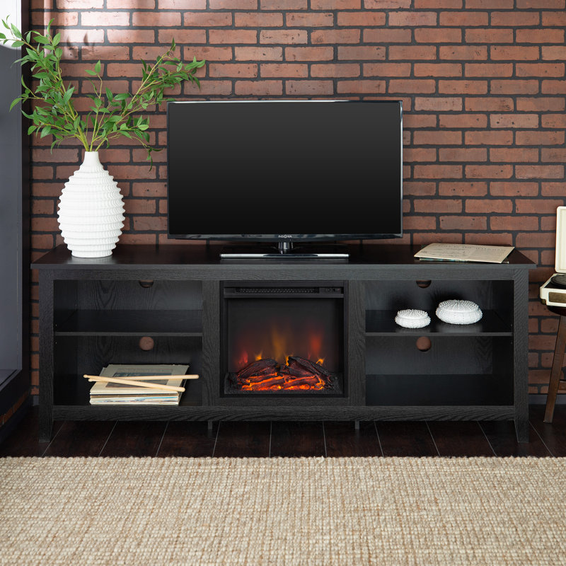 Kneeland 70" Open Storage TV Stand with Electric Fireplace, Black