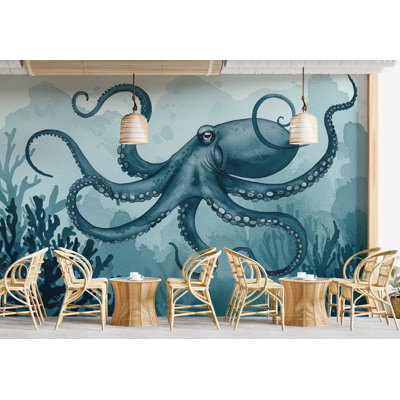 Murale de pieuvre restaurant aquarelle de restaurant - pieuvre décoration murale Oceal, restaurant Art mural chambre d'enfant ou chambre de bébé (Peel-N-Stick) 894DRS