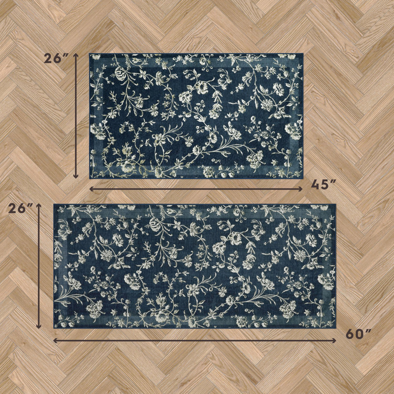 Dark Navy Floral Chenille Machine Washable Non-Slip Rug Set