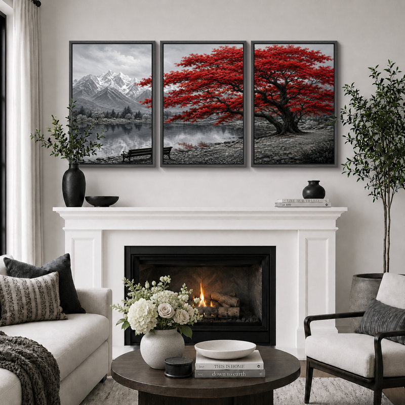 «Red Tree Mountain Lake», art du paysage, impression sur estampe numérique sur toile encadrée, 3 pièces, Cadre noir