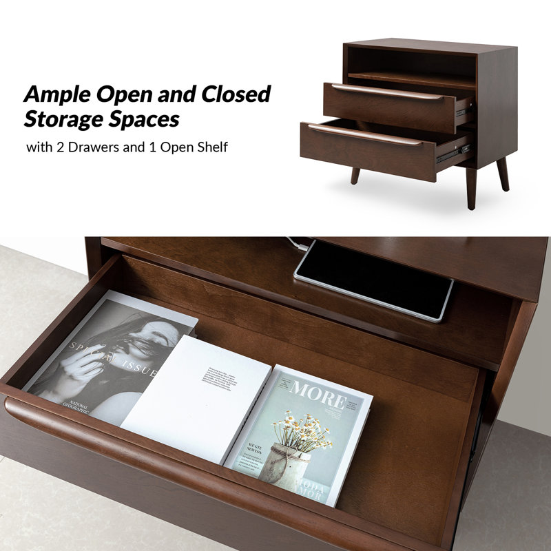 Aviannah Mid-Century Modern 2 - Drawer Nightstand With Built-In Charging Station And Legs And Open Shelf, Walnut