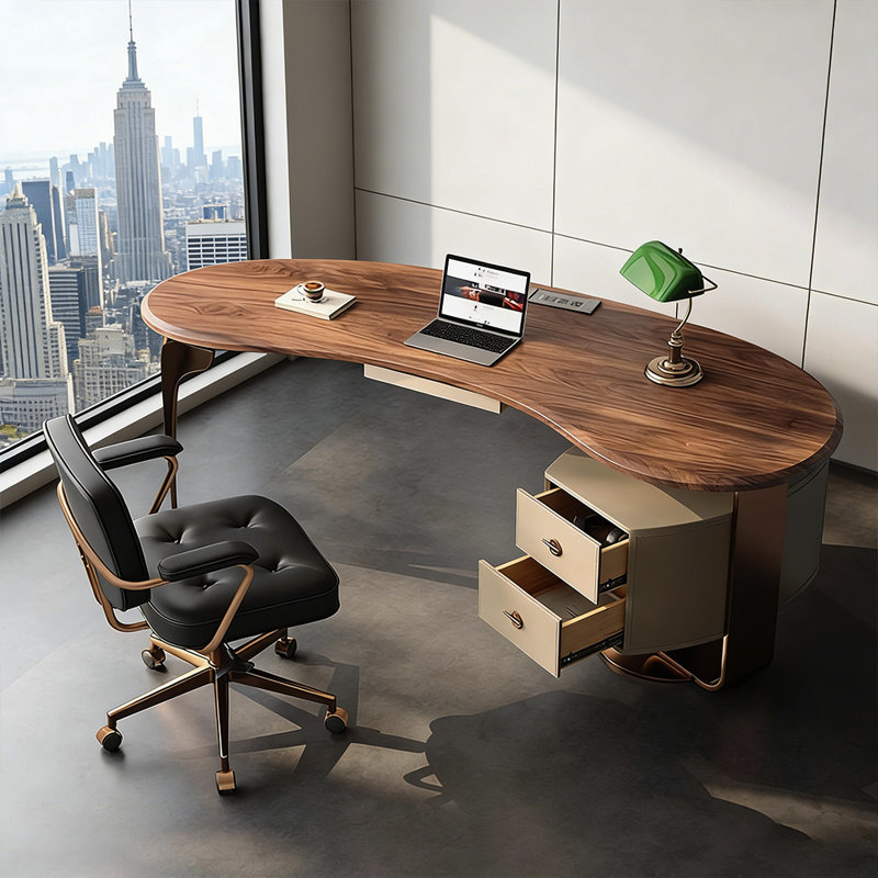 Bureau ovale de luxe italien italien, placage en noyer noir, pieds en bronze, H 29,53 po x l 70,87 po x P 31,5 po