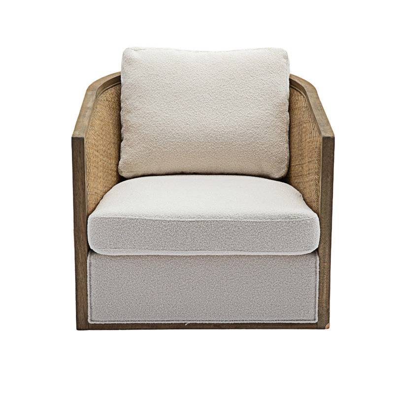 Fauteuil demi-tonneau pivotant l 30,12 po Marylyn, fauteuil, chaise de salon avec structure en bois, Beige bouclé
