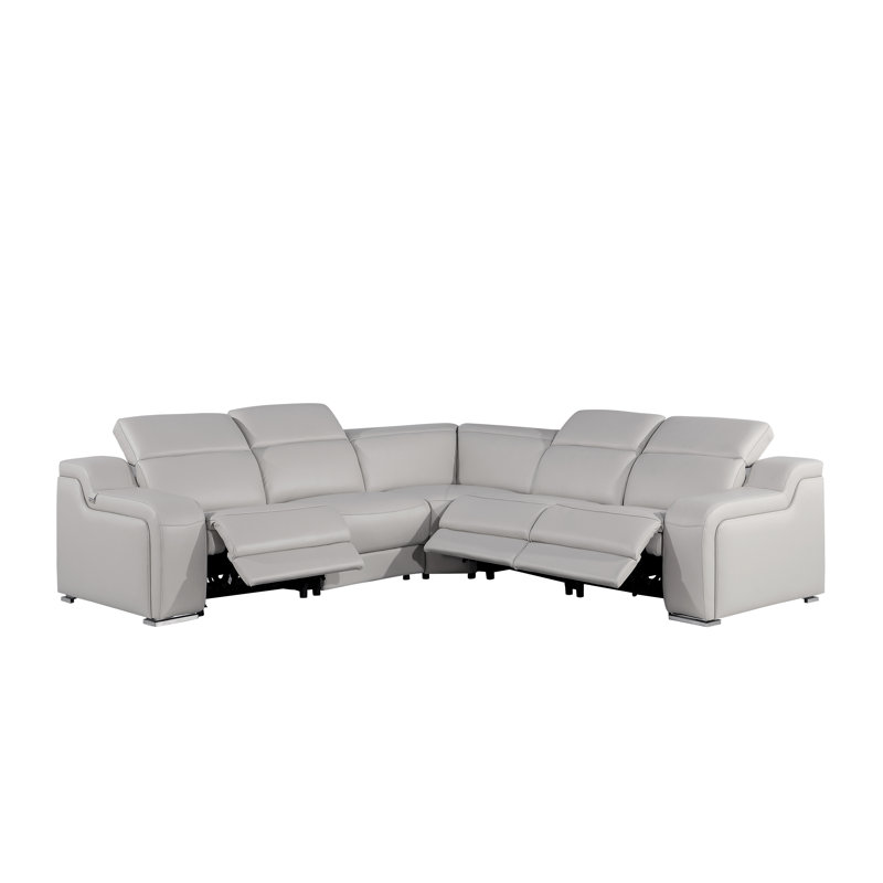 Stanyo 5 - Piece Top Grain Italian Leather Power Reclining Sectional, Light Gray Genuine Leather