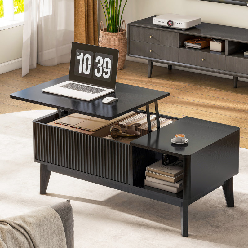 Table basse à plateau relevable avec rangement, petit meuble de salon, conception cannelée Rhyth, Noir