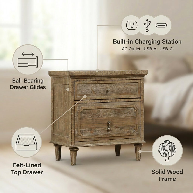 Rahul Wood 2-Drawer Nightstand with USB