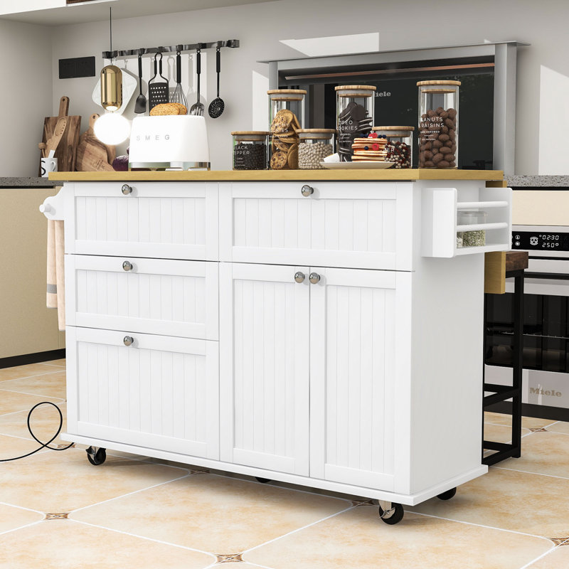 Îlot de cuisine à roulettes avec abattant, armoire de rangement, tiroirs, prise de courant et 2 tabourets Farmhouse, Blanc