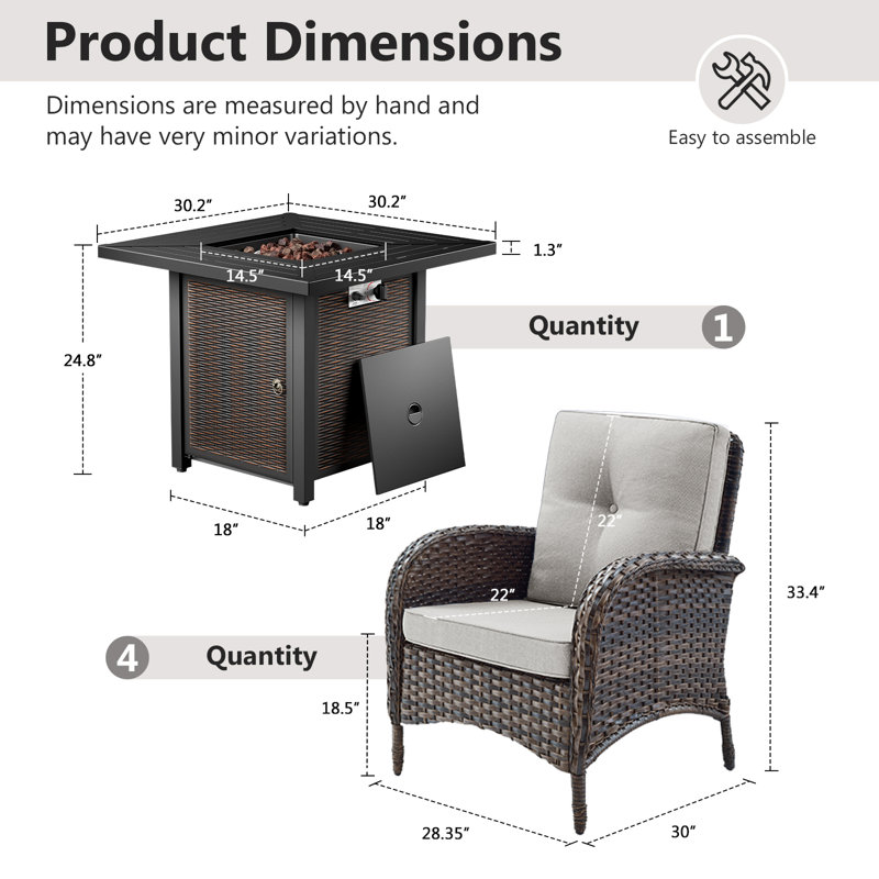 Aluel 5-Pieces Outdoor Wicker Chairs & Square Fire Pit Table Conversation Set With Cushions, Beige