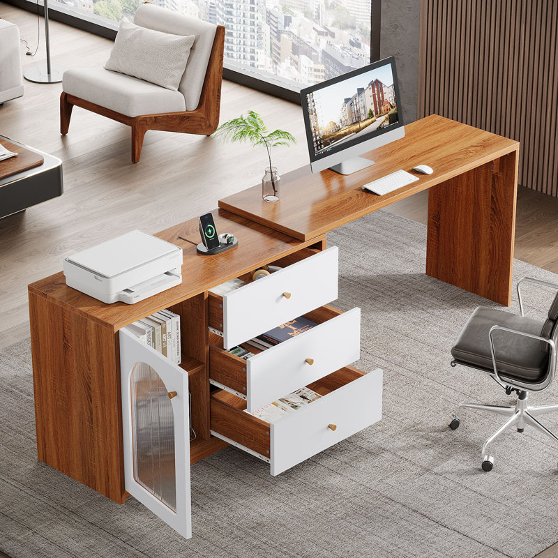  Bureau d'ordinateur en L avec bureau à tiroirs Rebacca, Brun