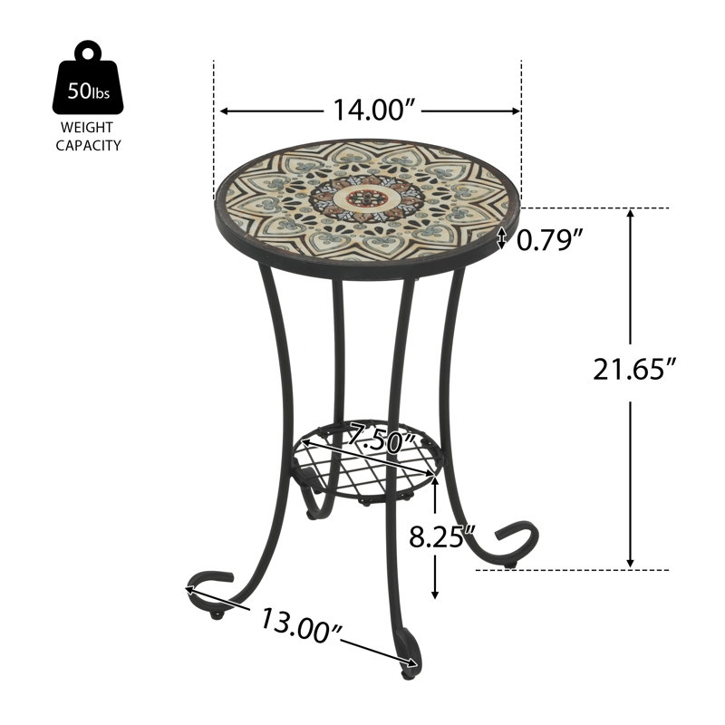 Table d'appoint d'extérieur Roomfitter avec plateau en céramique et tablette inférieure brun floral