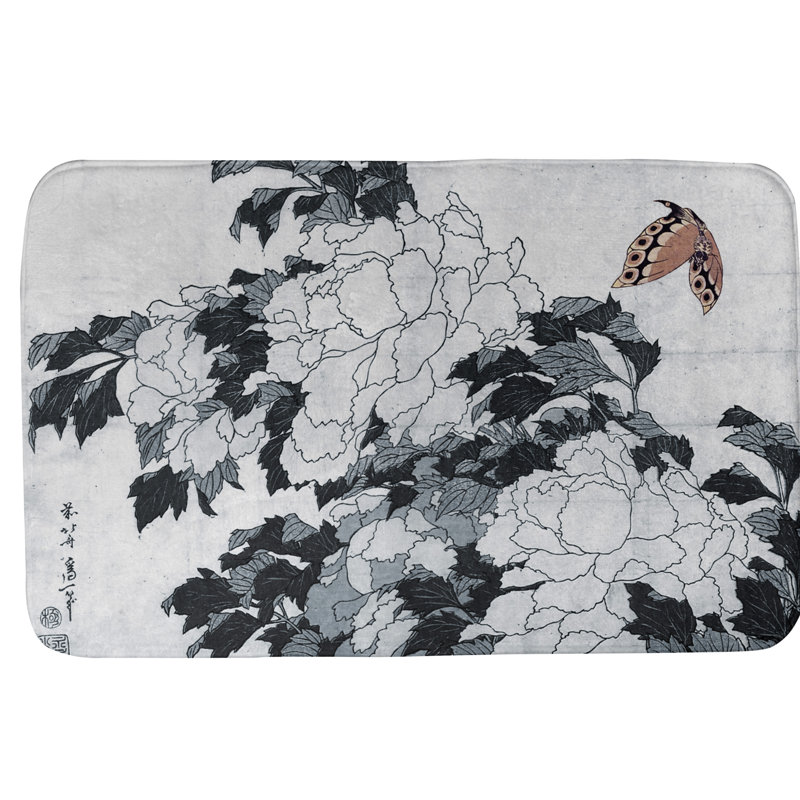 Tapis de bain antidérapant rectangle pivoines et papillons, l 17 po x L 24 po, Gris/noir