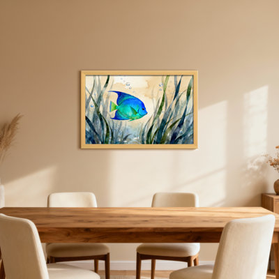 Animal Blue Fish Swimming Among Seaweed Bubbles