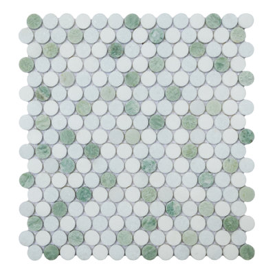 Mosaïque de marbre poli rond ES Stone Blue Celeste, Thassos White et Ming Green, 3/4 po