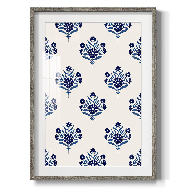 Motif de fleurs indigo I - impression encadrée, Vieilli, H 25,5 po x l 17,5 po