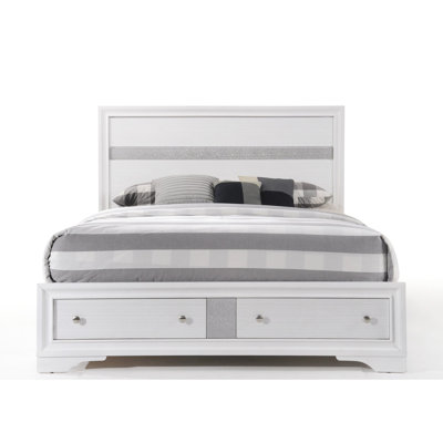 Grand lit de rangement blanc - Acrylique et placage sans sommier requis 5 pieds de support 2 tiroirs avec butée à profil bas en bois Capacité de poids de 660 lb et limite de 20 lb