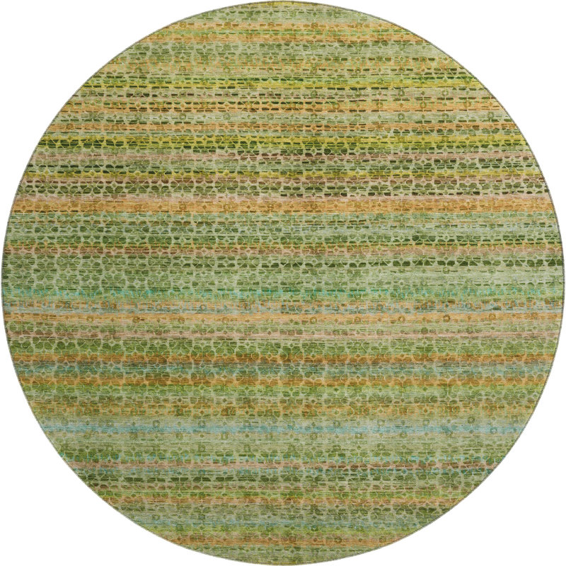 Premium Machine Washable Mayfield AMF2155 Striped Rug, Green, Round 8' 