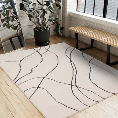 Geometric Swirls Ivory Gray Soft Plush Area Rug for Living Room