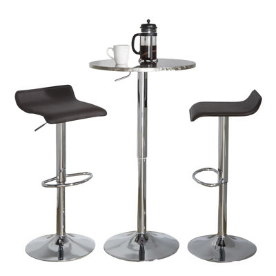 Ensemble de bar rond et réglable en métal chromé argenté avec repose-pieds ovale et brun en PVC - 3 pièces