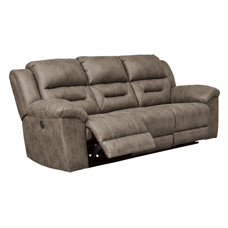 Reavis Faux Leather Pillow Top Arm Reclining Sofa, Power, Fossil Faux Leather
