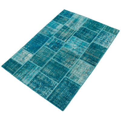Tapis décoratif bleu sarcelle en laine noué à la main de conception unique 5 pi 7 po x 7 pi 10 po Bertalan noué à la main
