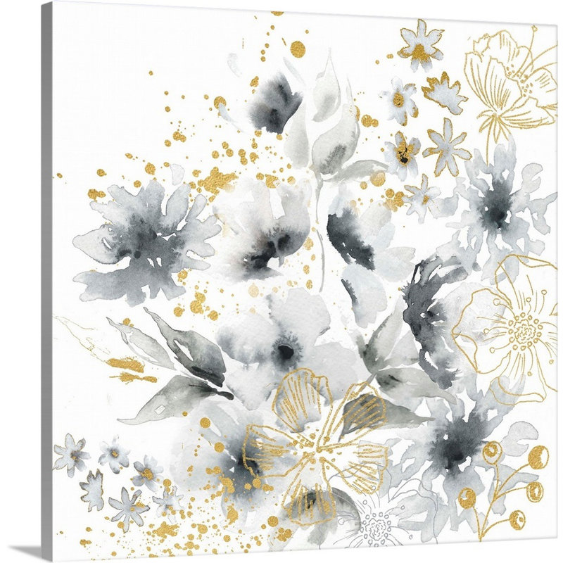 Fleurs grises et dorées florales par tre Sorelle studios, reproduction d’art sur toile, Toile tendue