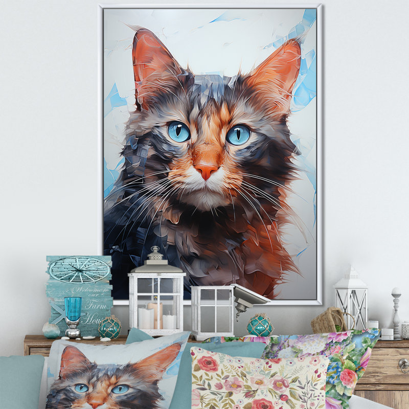 Décoration murale chat œil bleu II - chat, Cadre flottant blanc, H 32 po x l 16 po x P 1 po