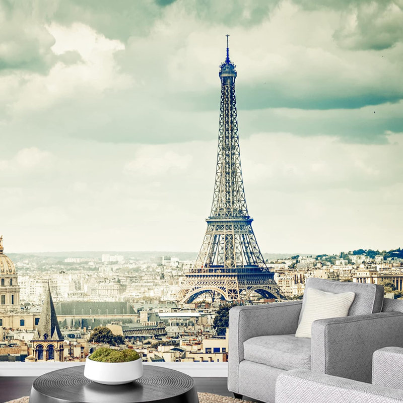 Panneau de papier peint tempête nuage tour Eiffel Paris, L 100 po x l 144 po