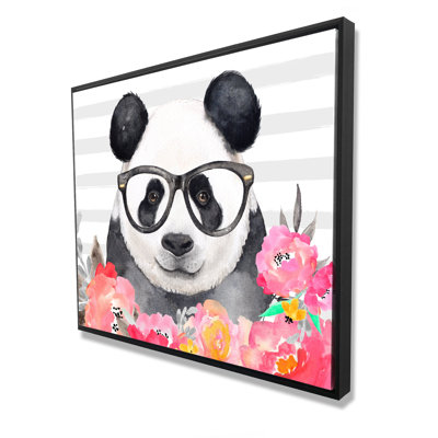 Panda with Glasses  Pink Flowers Framed Canvas Home Decor