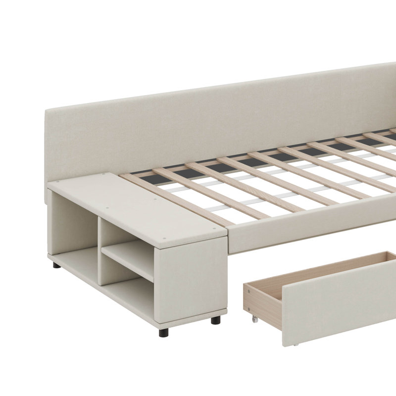 Lit plateforme simple en forme de L en peluche avec tiroirs de rangement, Beige