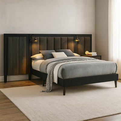 Grand lit Fel, structure en bois brun foncé, tête de lit tapissier