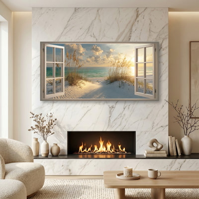 Beach Window Canvas Wall Art - Large Coastal Picture Landscape Canvas Prints Tropical Sea Paintings, Horizontal Seascape Artwork for Living Room Bedroom