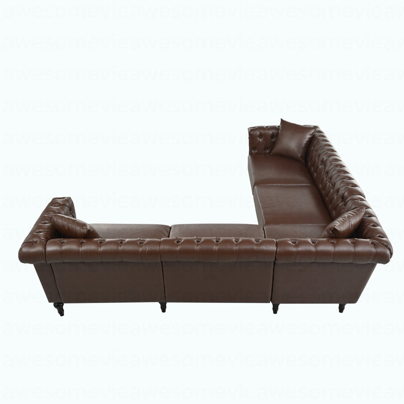 Canapé modulaire en forme de L à 5 sièges - Canapé Chesterfield en cuir synthétique réversible avec accoudoirs roulés et capitonnage clouté