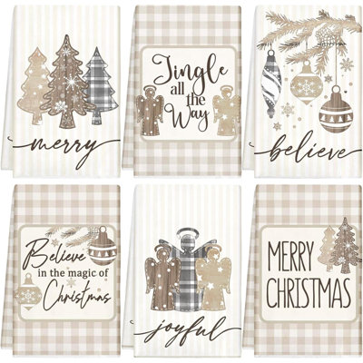 6 Pcs Christmas Kitchen Towels Absorbent Xmas Dish Towels Christmas Tea Towel Decorative Wood Plaid Angel Hand Towels For Home Bathroom Holiday Housewarming Gift