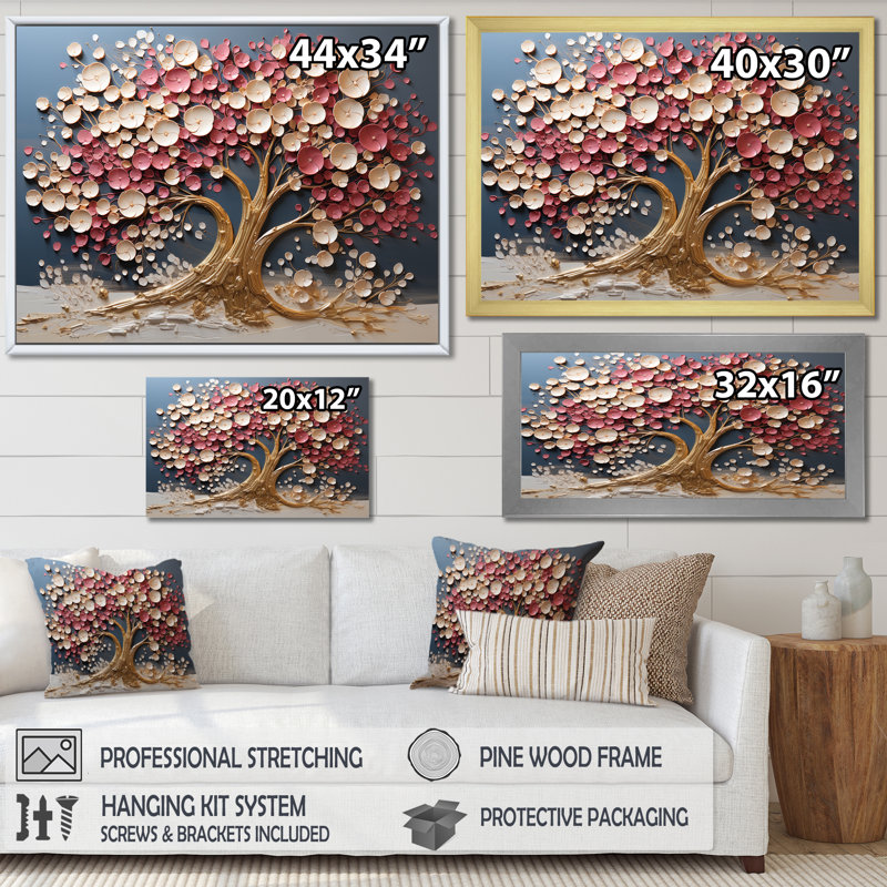 Orchidée rose et or, jardin de branches VI - arbre, art mural, Cadre doré à coins fermés, H 34 po x l 44 po x P 1,5 po