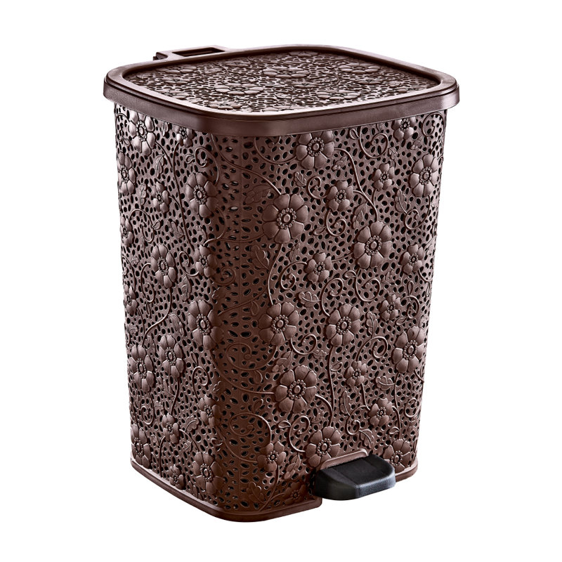 Lace Design Plastic Step On Trash Can, Brown, 1.5 Gallon