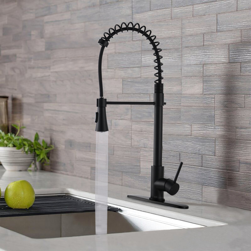 Commercial Single Handle Spring Kitchen Faucet In Matte Black, Pull Down Function, Rust & Corrosion , 304 Stainless Steel Modern Black Faucet, High Arc, Water Spot 304, 8.8" Spout Height