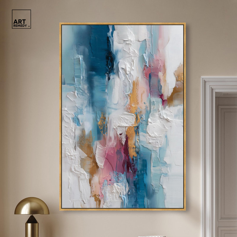 Décoration murale moderne pétale rose et bleu océan I par , H 55 po x l 37 po, Cadre flottant doré