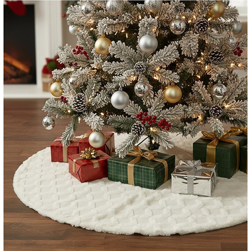 Jupe de sapin de Noël en fausse fourrure blanche avec bordure en tricot torsadé – Décoration de base de sapin de Noël épaisse et moelleuse pour les fêtes d'hiver