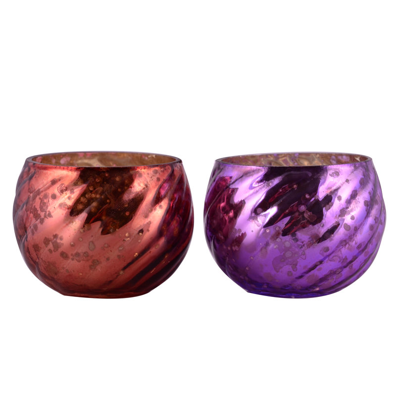 Petit porte-votive rond en verre, Bleu / Bronze