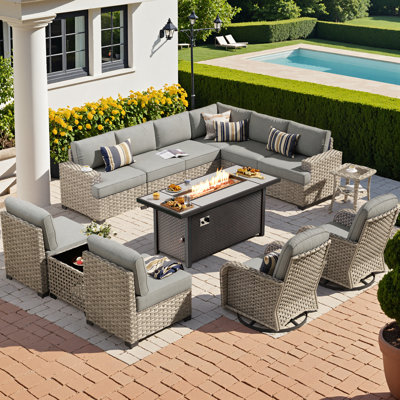 10 - Person Patio Furniture Set with Swivel Rockers, Outdoor Wicker Rattan Sectional Seating Group with Cushions, All Weather Sofa Conversation Set with Fire Pit Table for Garden Backyard