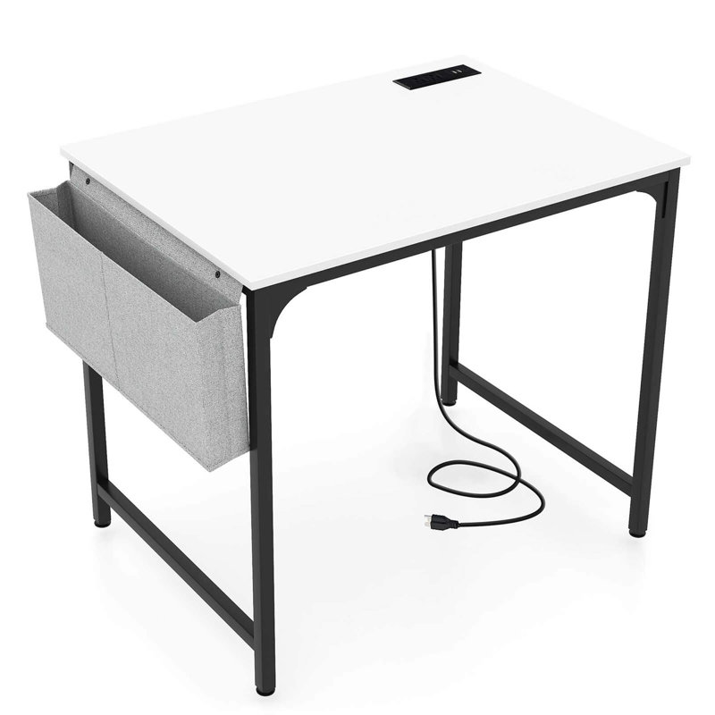 Ebern Designs 32" Computer Desk Small With Charging Station Storage Bag & Headphone Hook, White