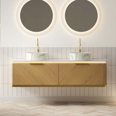 Meuble-lavabo de salle de bain, armoire de rangement en contreplaqué flottant avec capteur de lumière, tiroir, vasque ronde en céramique à motif de pierre et plateau en pierre frittée, pré-assemblé