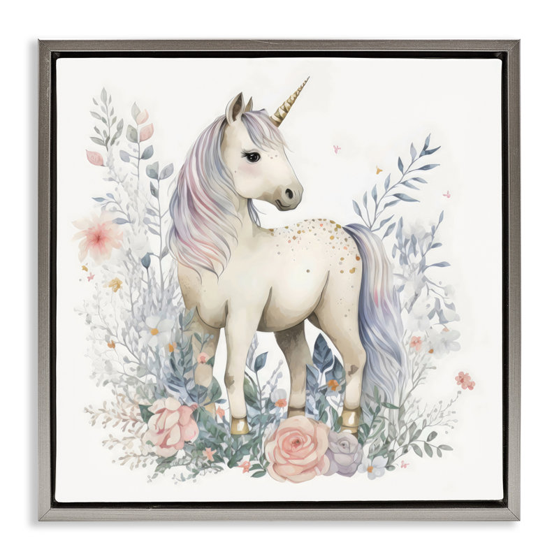 Licorne dans un cadre flottant délicat à motif floral, design Creative Studio, H 25 po x l 25 po, Cadre flottant gris lustré